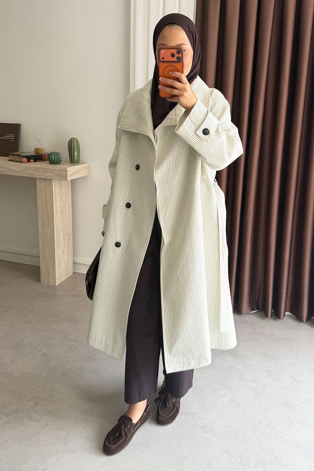 Oversize Kareli Trençkot - Beyaz