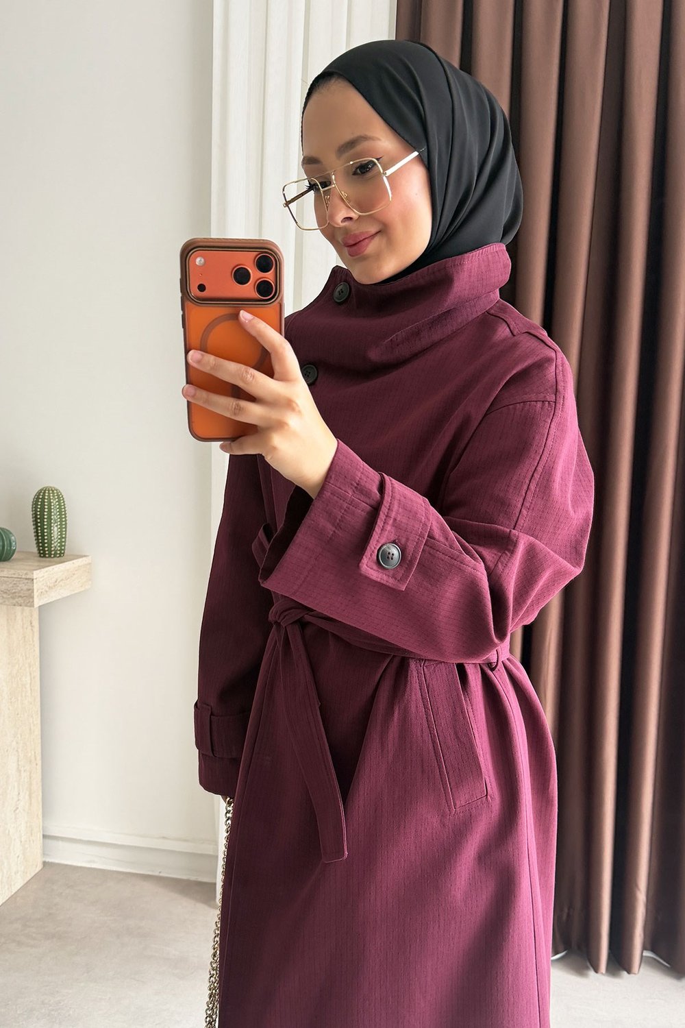 Oversize Kareli Trençkot - Bordo