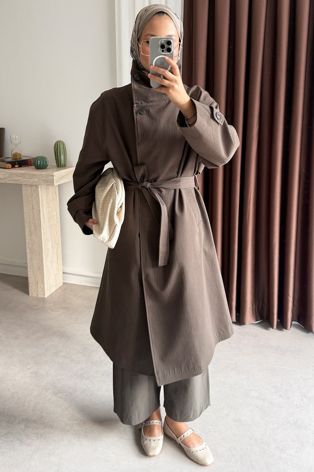 Oversize Kareli Trençkot - Kahverengi
