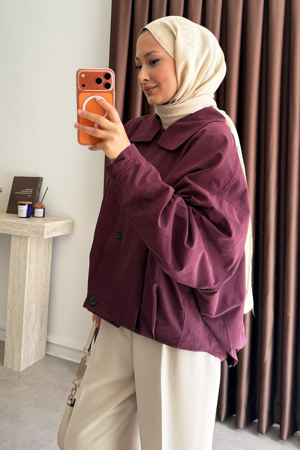 Oversize Pileli Trençkot - Bordo