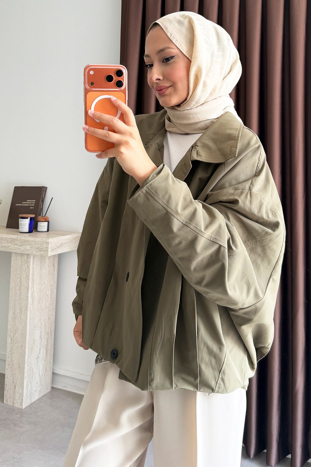 Oversize Pileli Trençkot - Haki