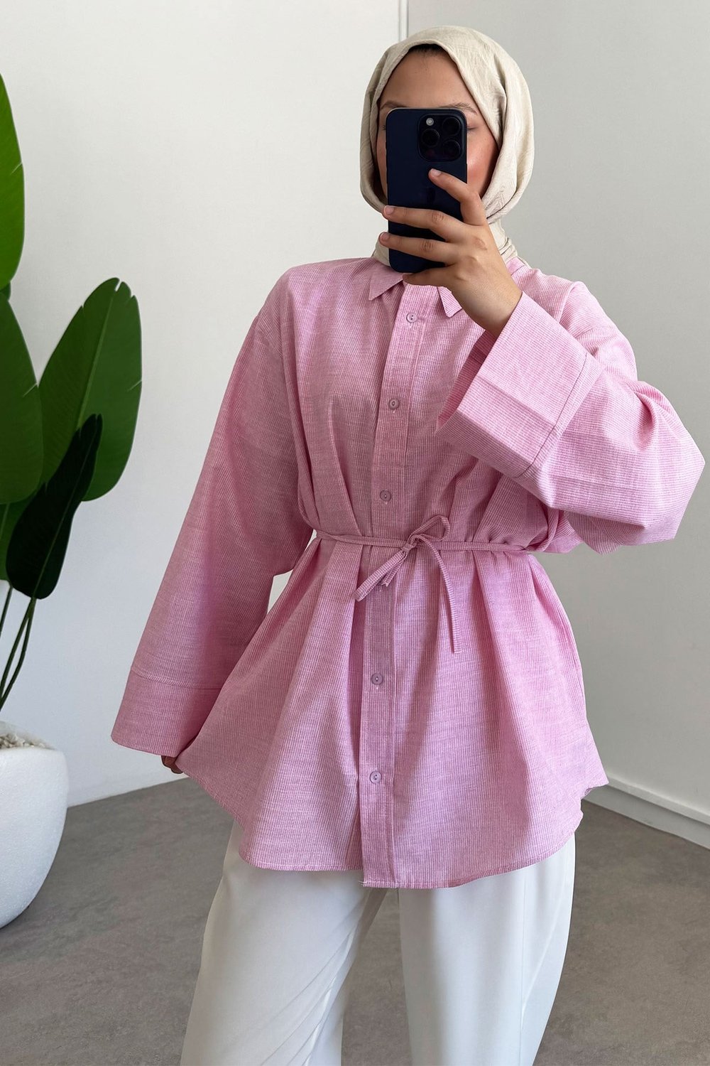 Patlı Keten Gömlek - Pembe