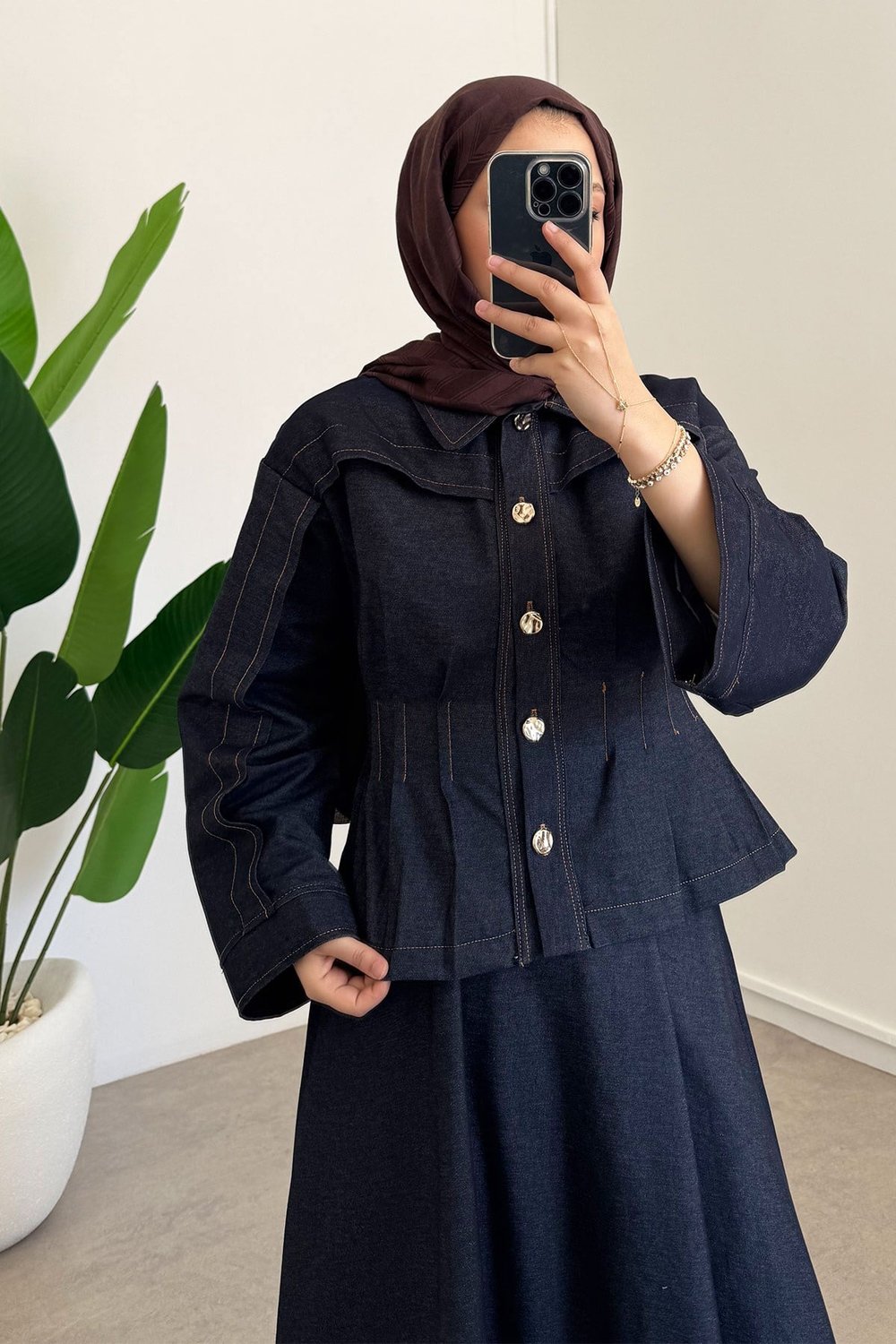 Pileli Denim Takım - Lacivert