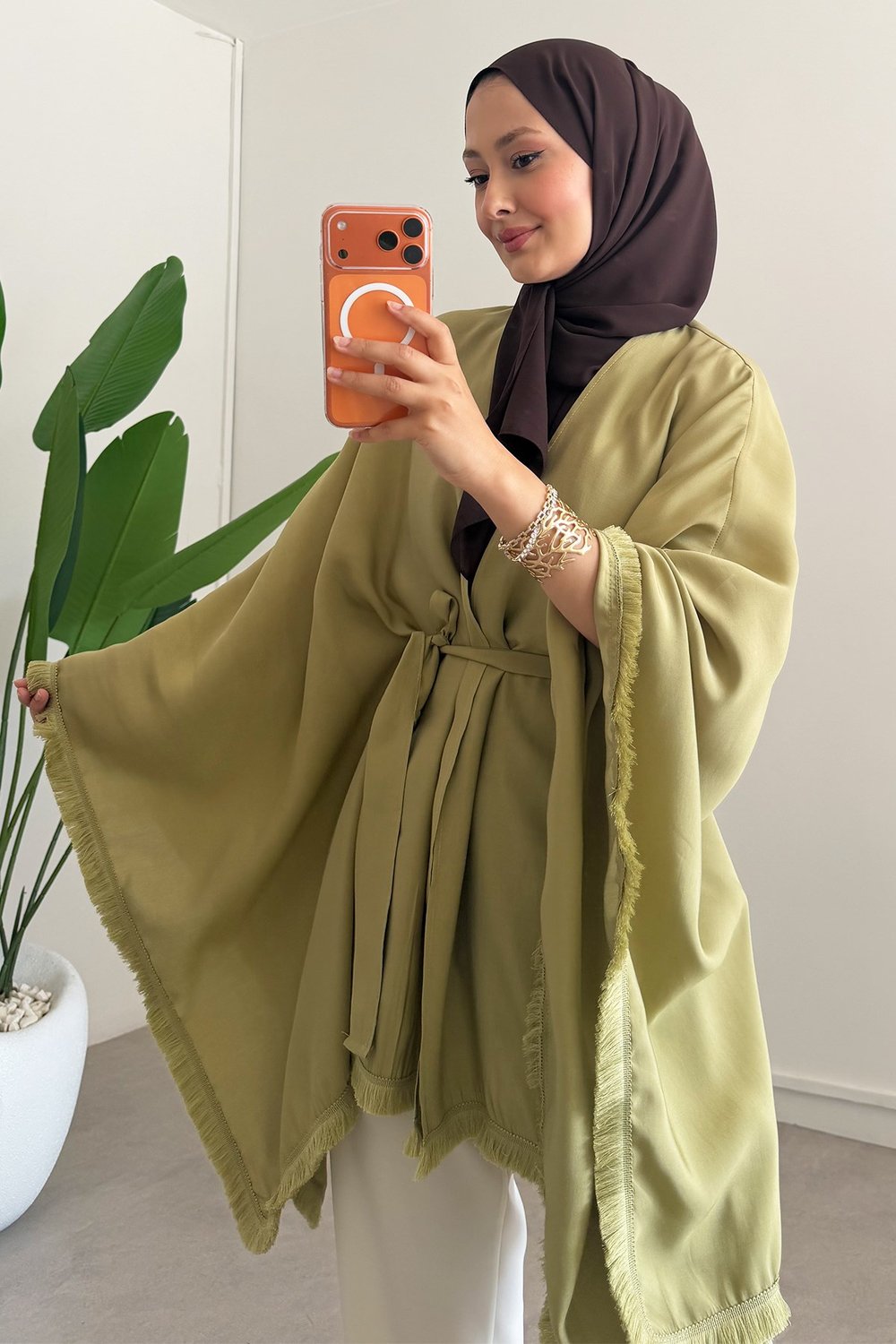 Püskül Detay Kimono - Olive