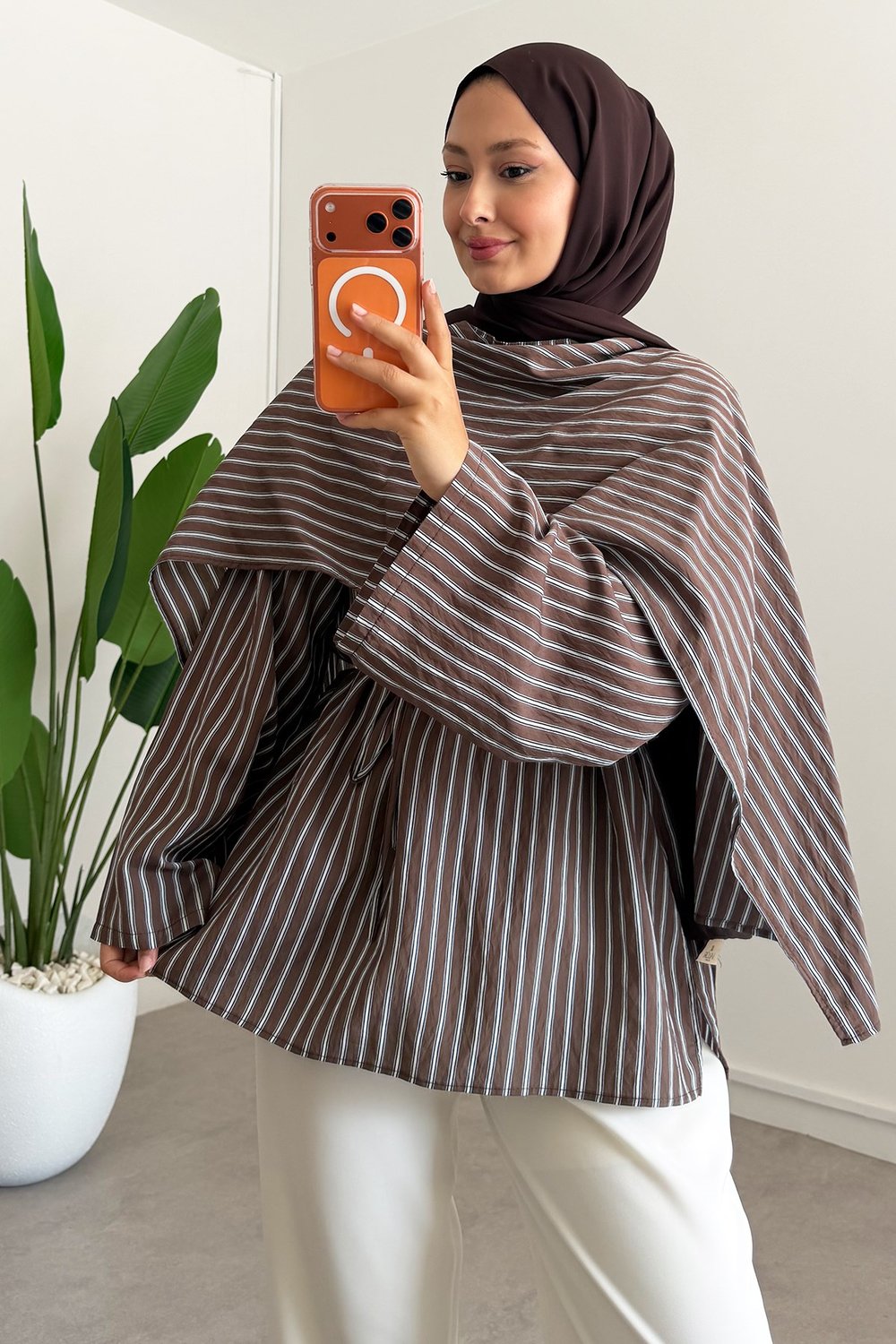 Şallı Biyeli Tunik - Kahverengi