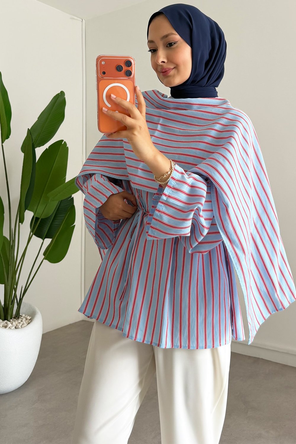 Şallı Biyeli Tunik - Mavi