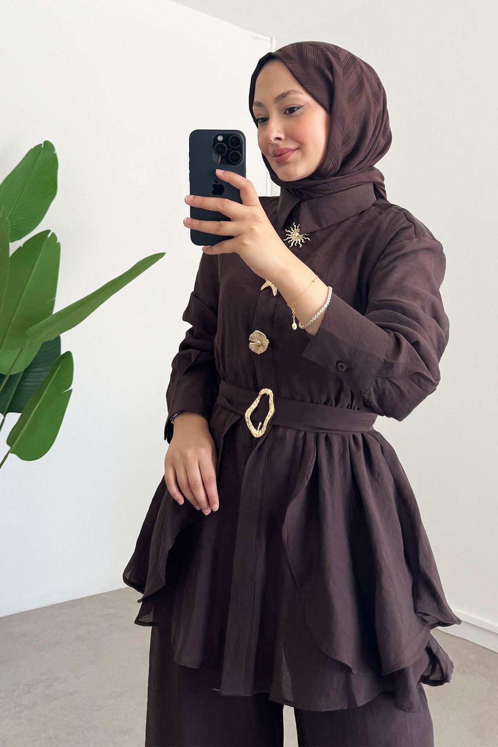 Tokalı Tül Takım - Kahverengi