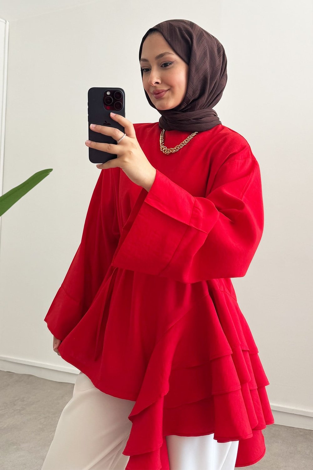 Volanlı Bagcıklı Tunik - Kırmızı