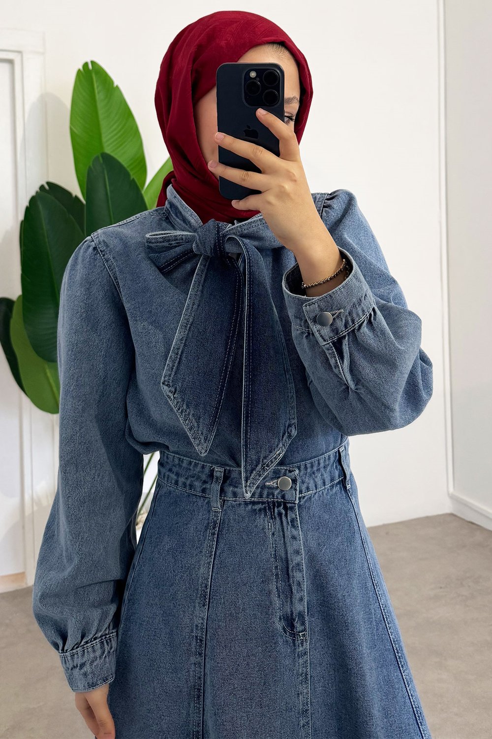 Yaka Bağlamalı Denim Takım - Açık Kot