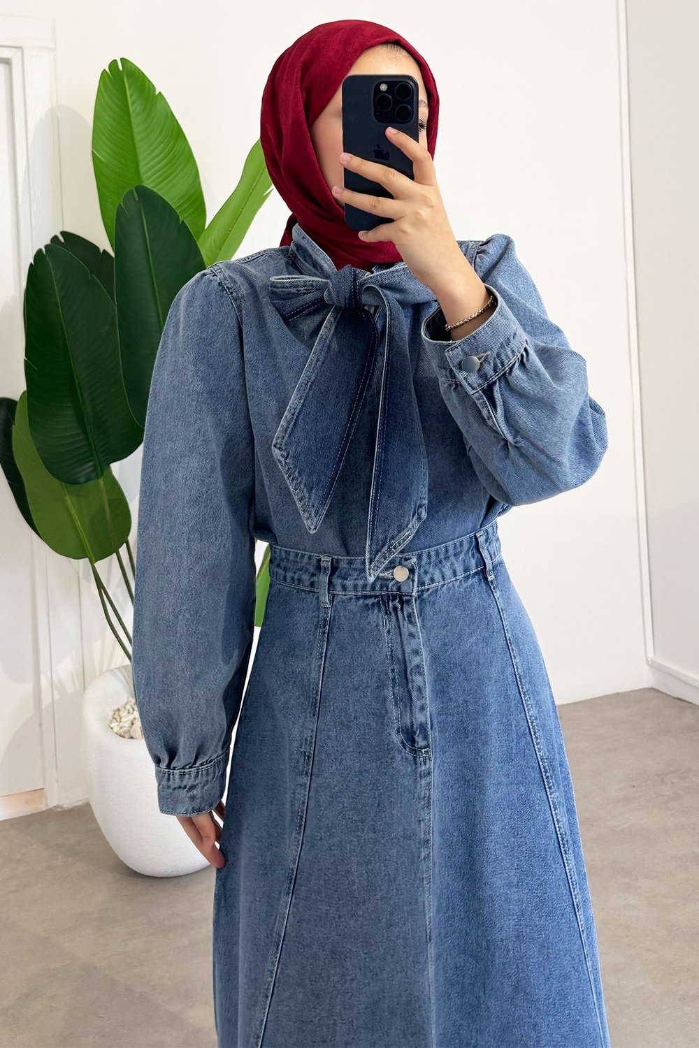 Yaka Bağlamalı Denim Takım - Açık Kot