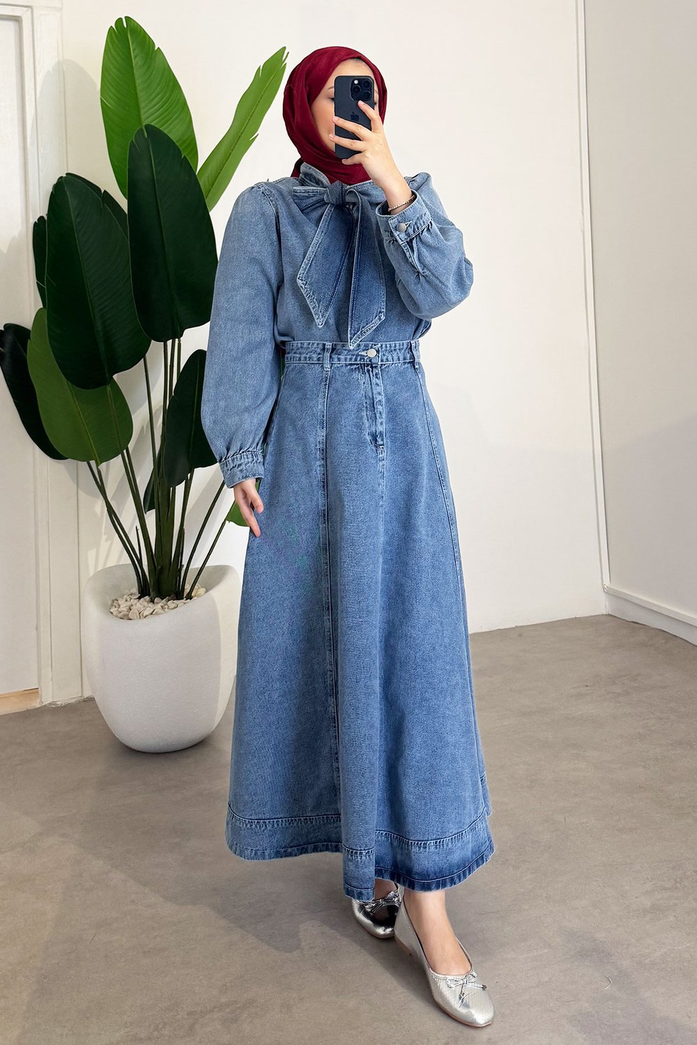 Yaka Bağlamalı Denim Takım - Açık Kot