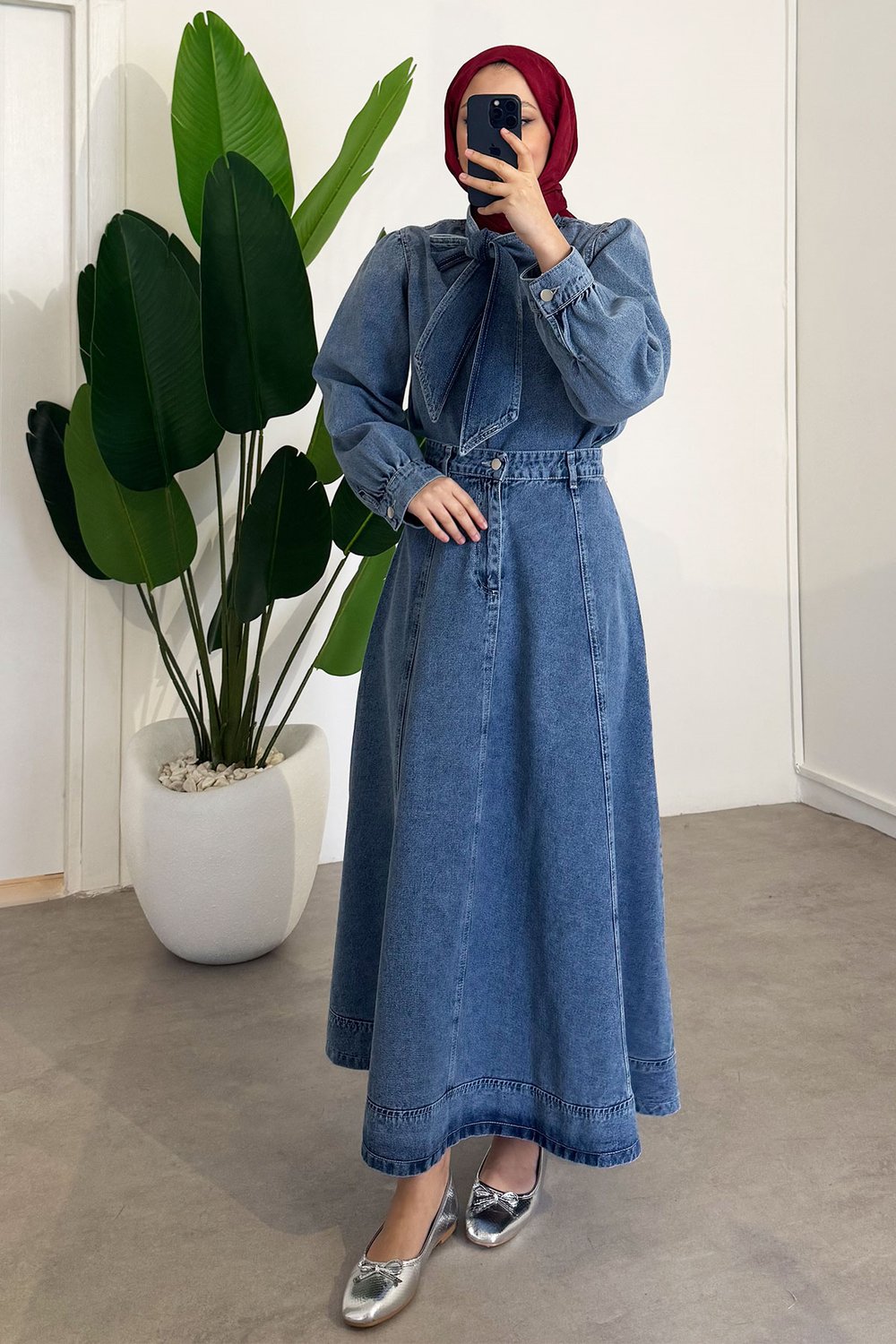 Yaka Bağlamalı Denim Takım - Açık Kot