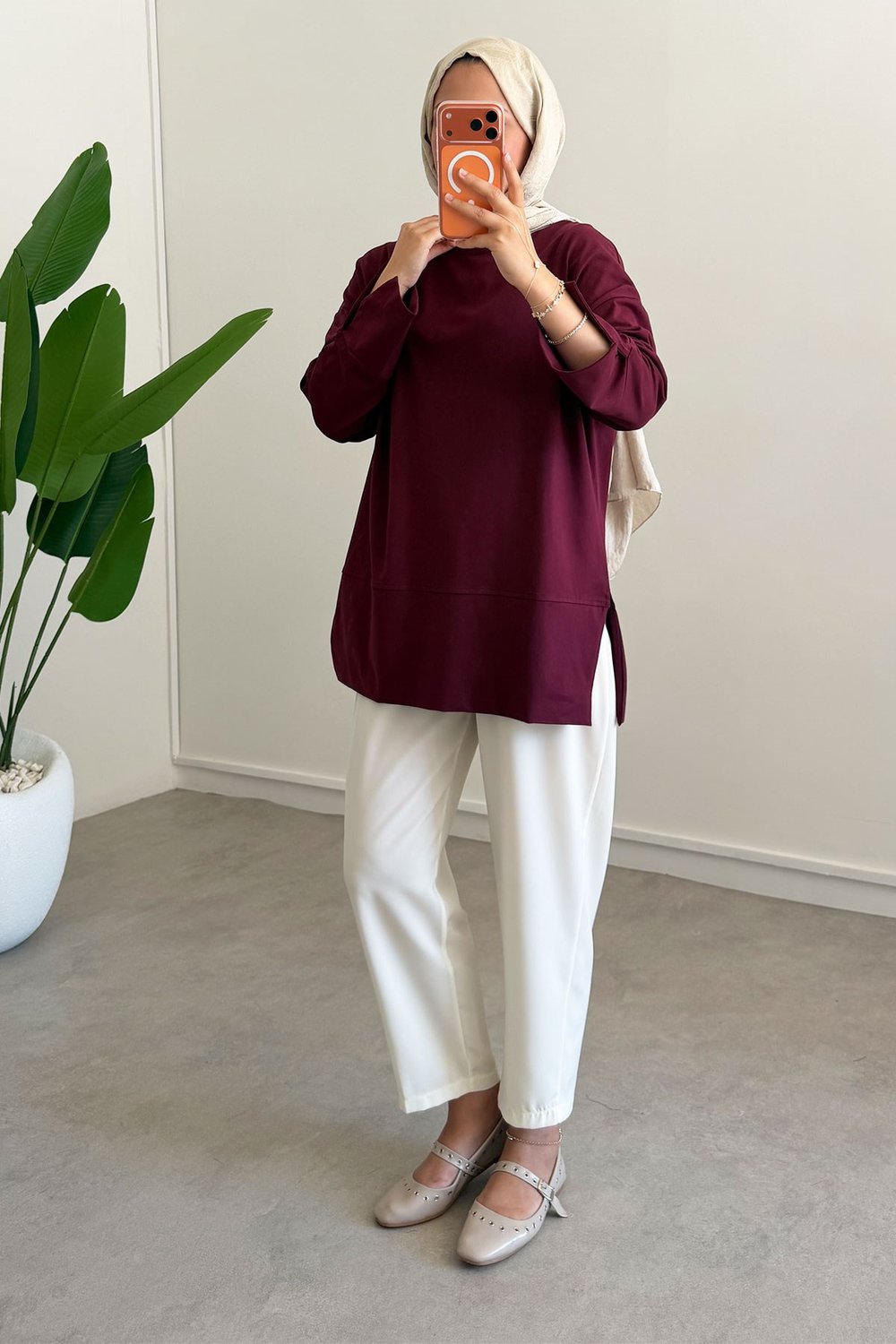 Yırtmaçlı Basıc Tunik - Bordo