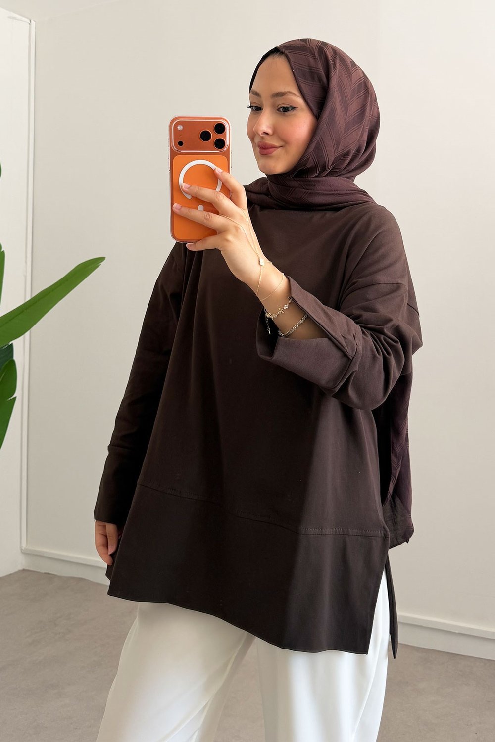 Yırtmaçlı Basıc Tunik - Kahverengi