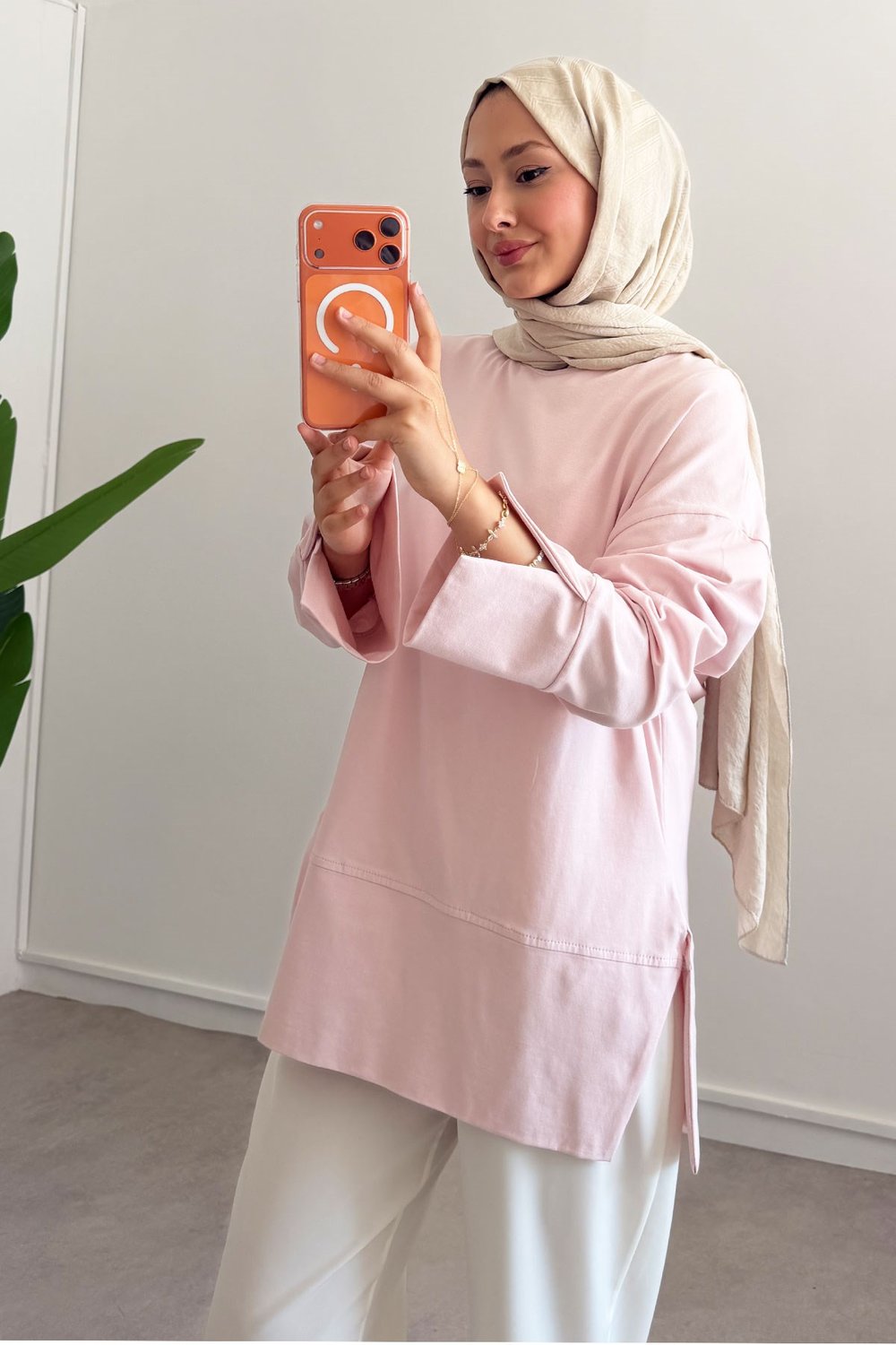 Yırtmaçlı Basıc Tunik - Pembe
