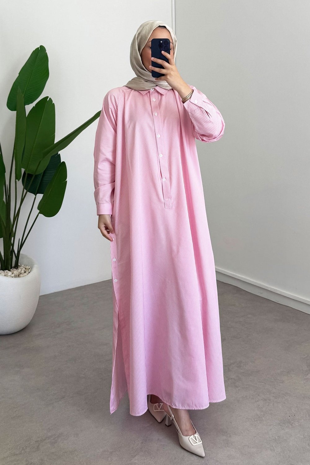 Yırtmaçlı Çizgili Gömlek Elbise - Pembe