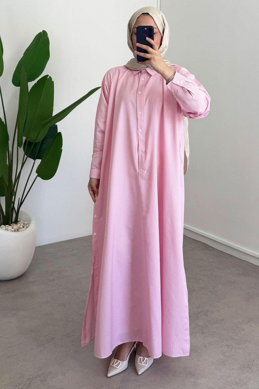 Yırtmaçlı Çizgili Gömlek Elbise - Pembe