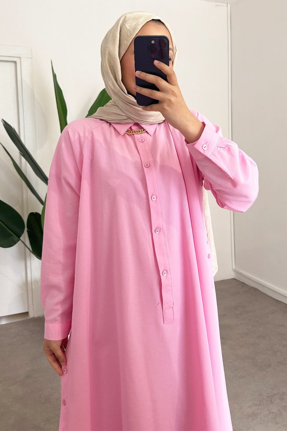 Yırtmaçlı Gömlek Elbise - Pembe