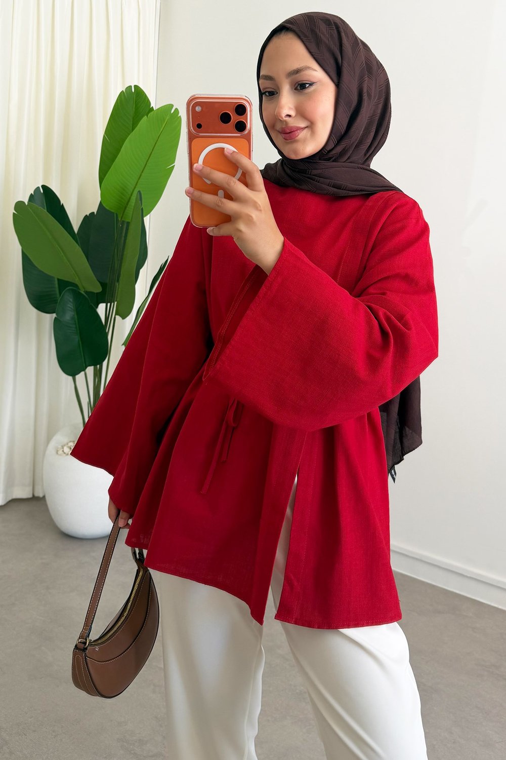 Yırtmaçlı Keten Tunik - Kırmızı