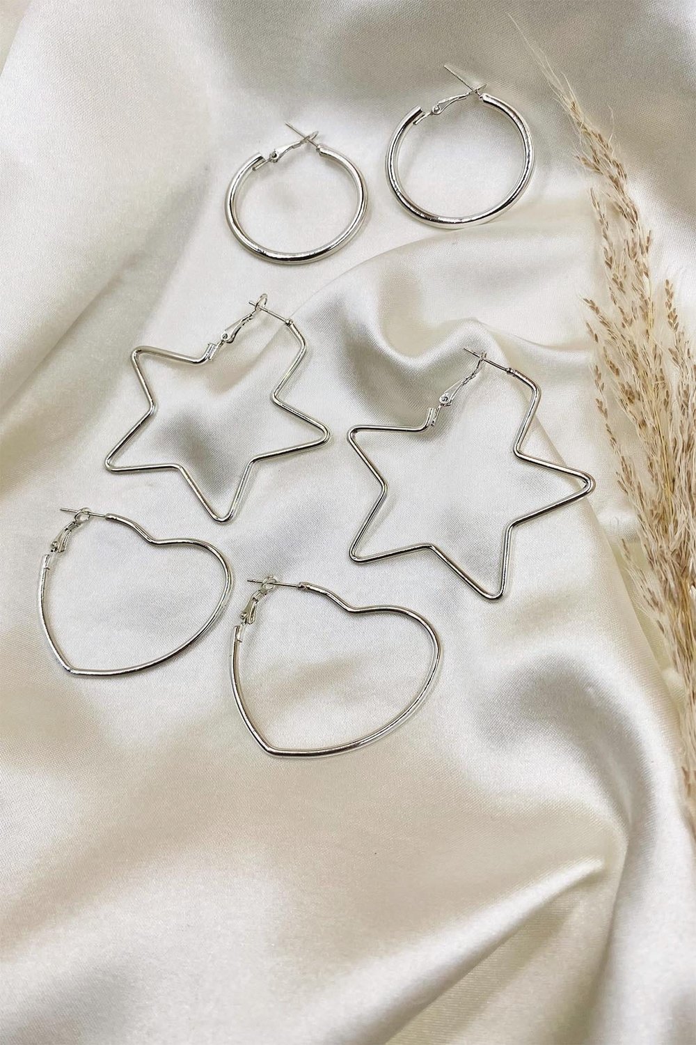 Gümüş Renk 3'lü Halka Küpe Set- (Yıldız-Kalp-Yuvarlak)