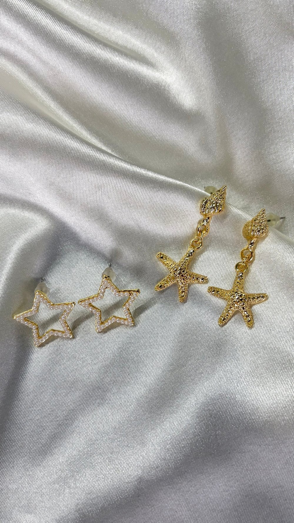 Kadın Gold Renk 2'li İncili Yıldız ve Sallantılı Deniz Yıldızı Küpe