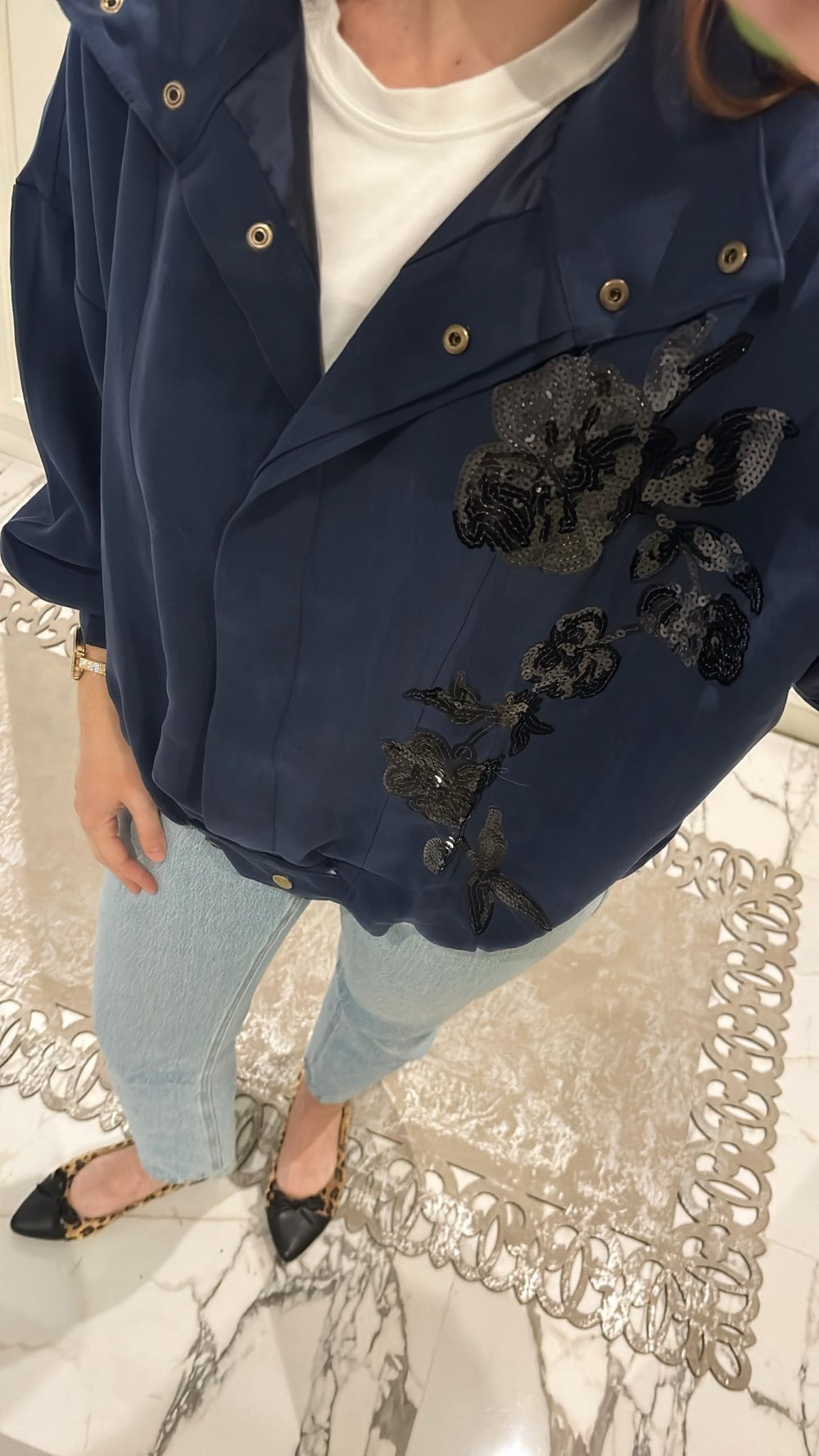 Pul Payet İşlemeli Lacivert Bomber Ceket