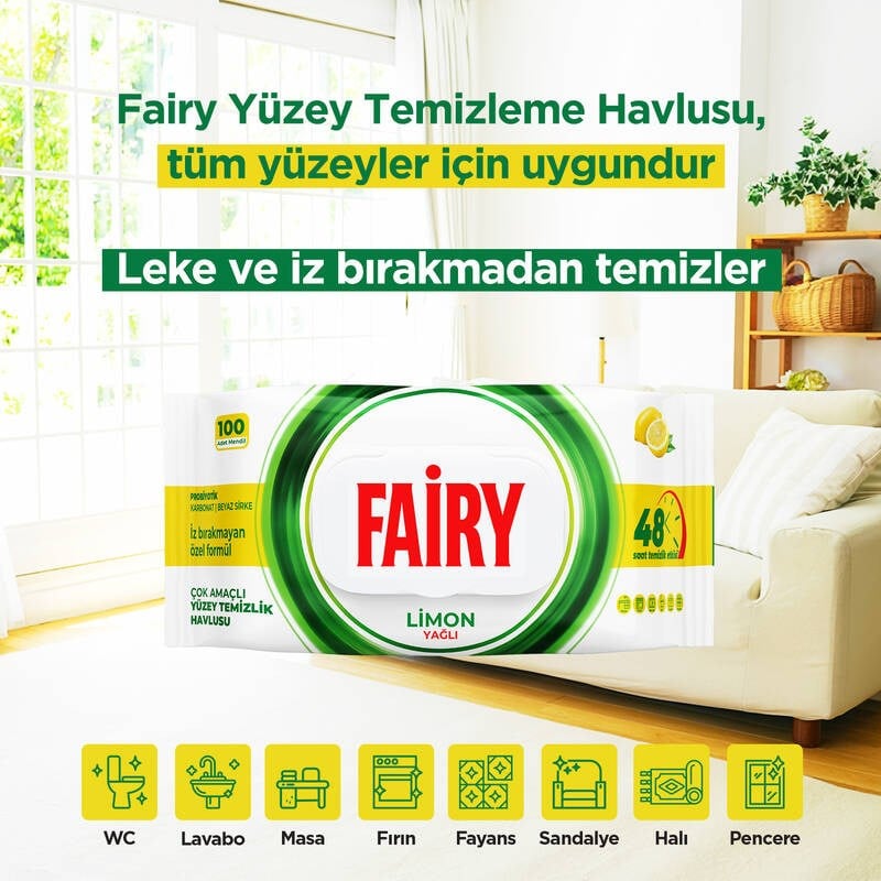 Fairy 100 Lü Yüzey Temizlik Mendili Limon Yağlı