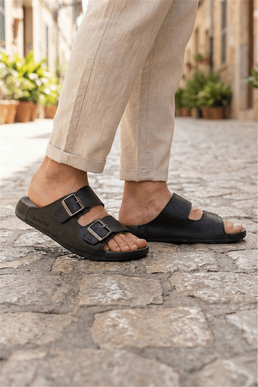 Gezer Naturela Comfort Rahat Erkek Terliği Yazlık Suni Deri Çift Toka Ayarlanabilir Rahat Taban Günlük Terlik