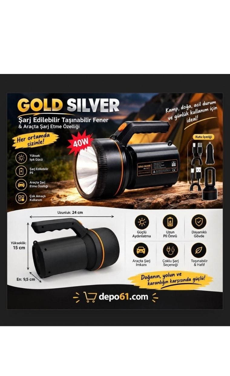Gold Silver Şarjlı Florosanlı El Feneri Gs-2671