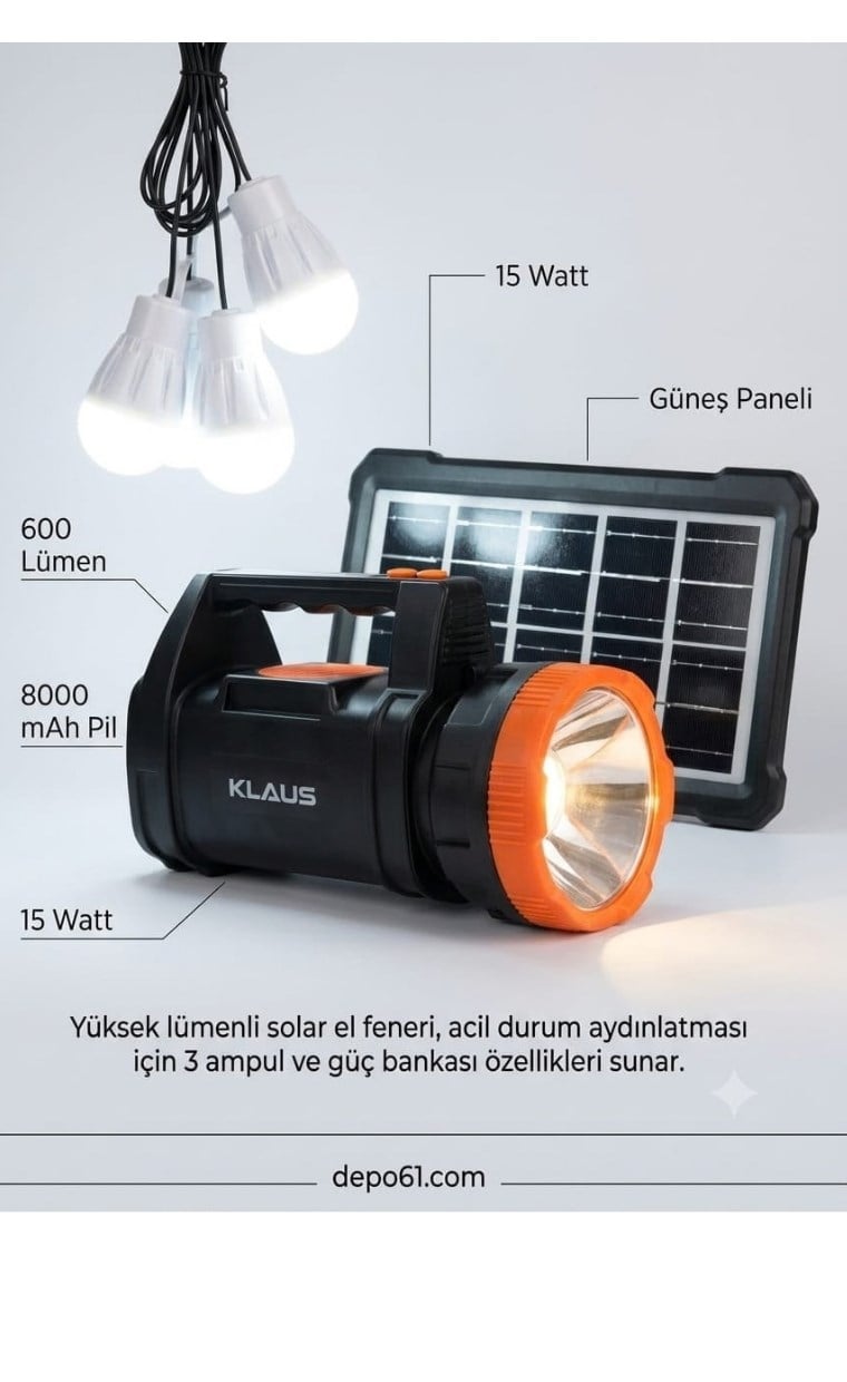 Klaus 15w Şarjlı Solar Fener Radyo Bluetooth Ke47725