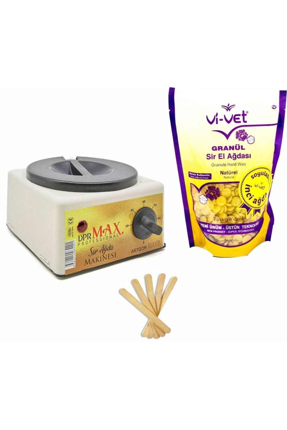 Ağda Makinesi 800ml + 250ml Doğal Boncuk Ağda ve 5 Spatula ile Bakım Seti