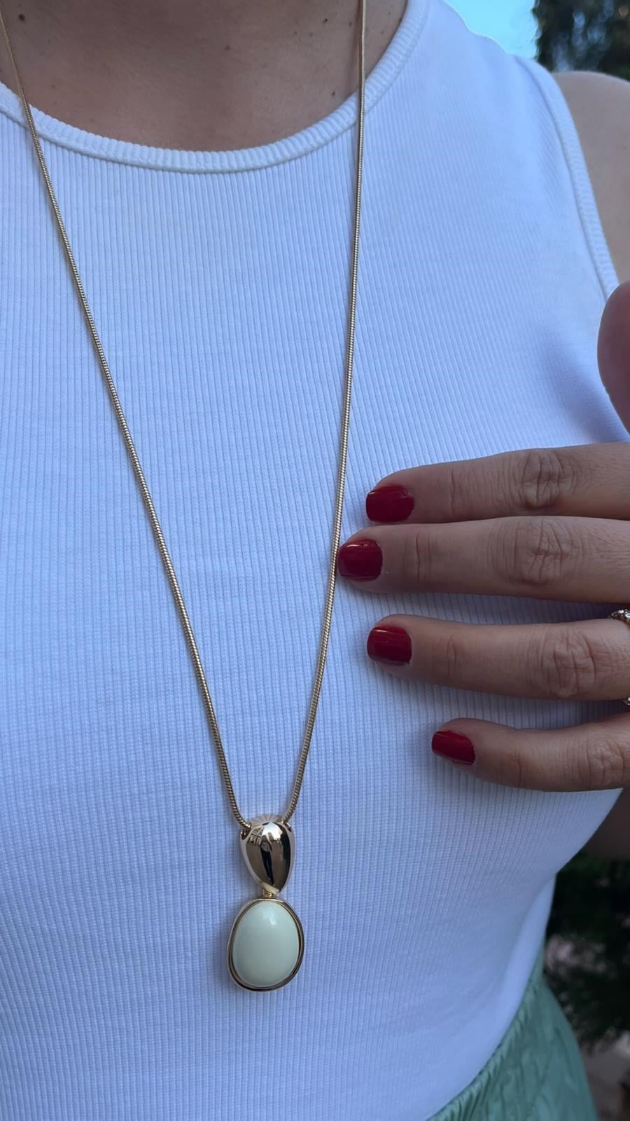 14k Altın Kaplama Ekru Damla Taşlı Asansör Zincirli Kolye 90cm
