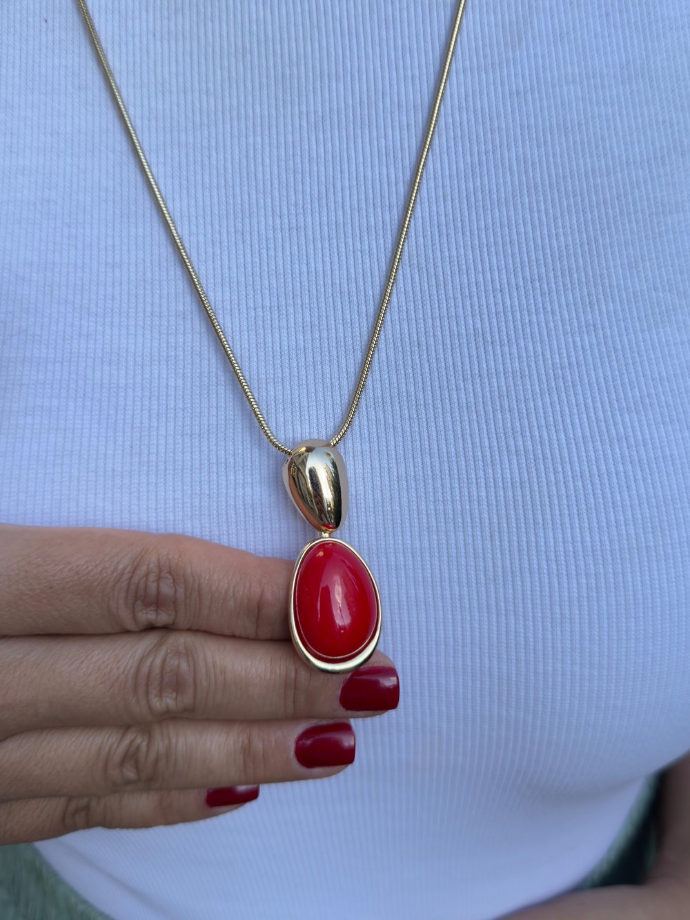 14k Altın Kaplama Kırmızı Damla Taşlı Asansör Zincirli Kolye 90cm