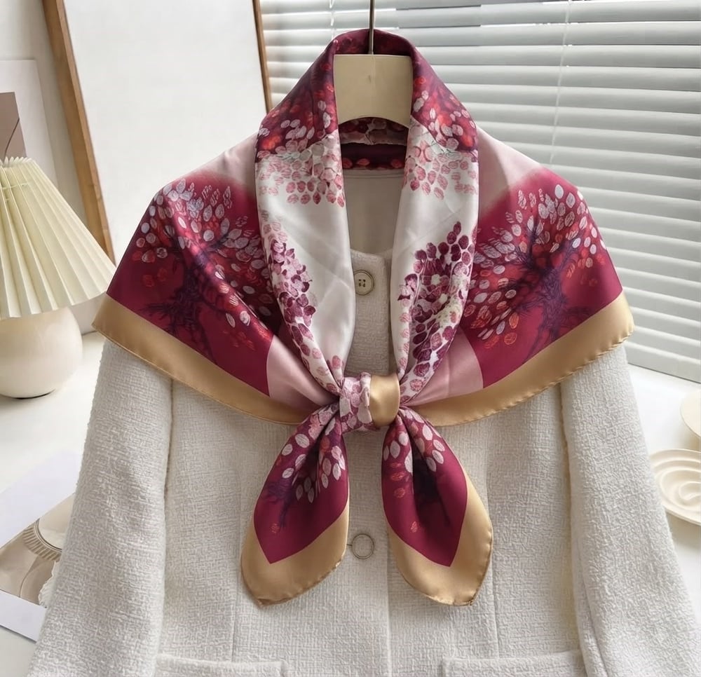 90x90 Bordo Yaprak Desenli Fular