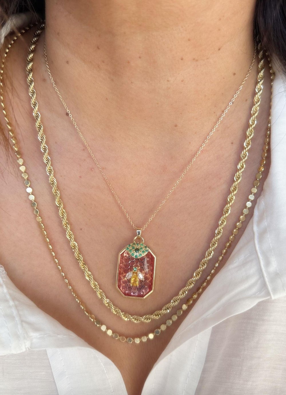 Çelik 14k Pembe Taşlı Arı Figürlü Kolye Kombini