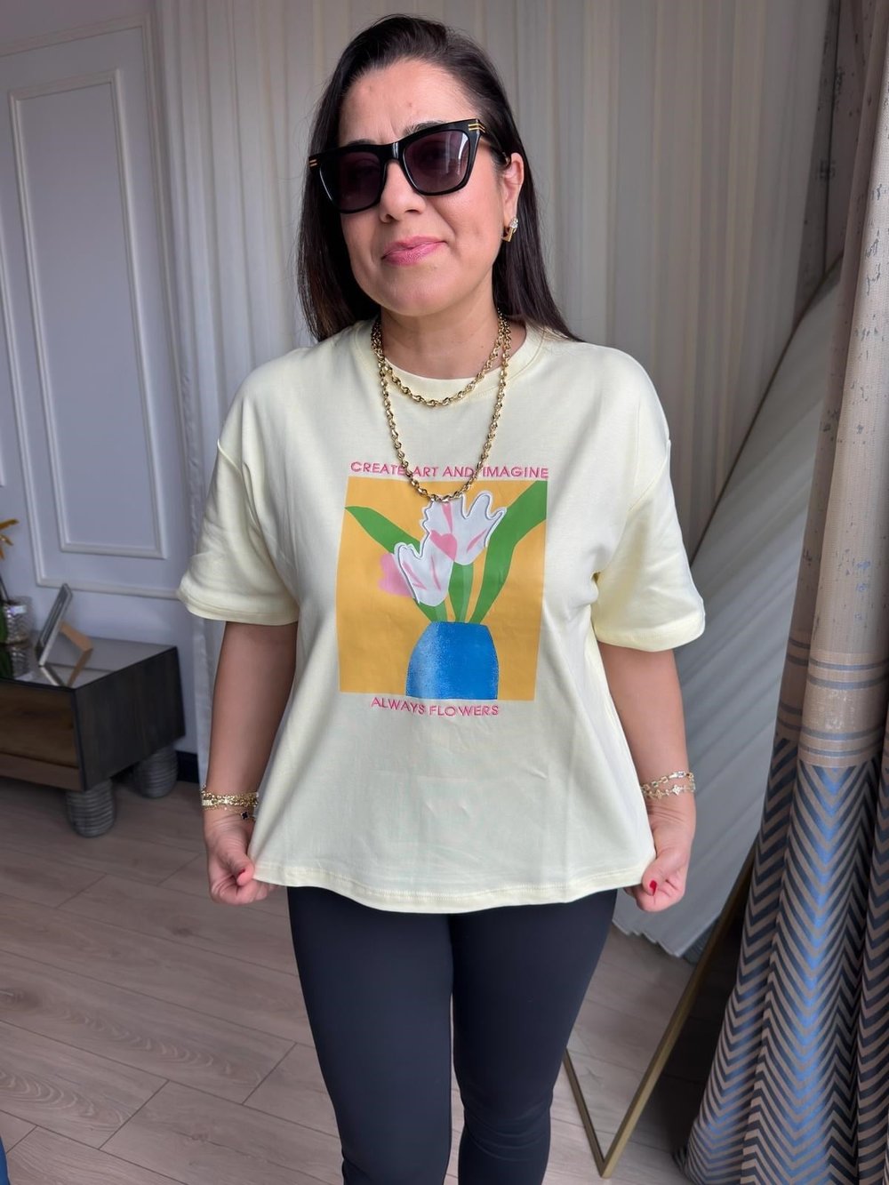 Bisiklet Yaka  Çiçek Desenli Pamuklu T-Shirt Sarı