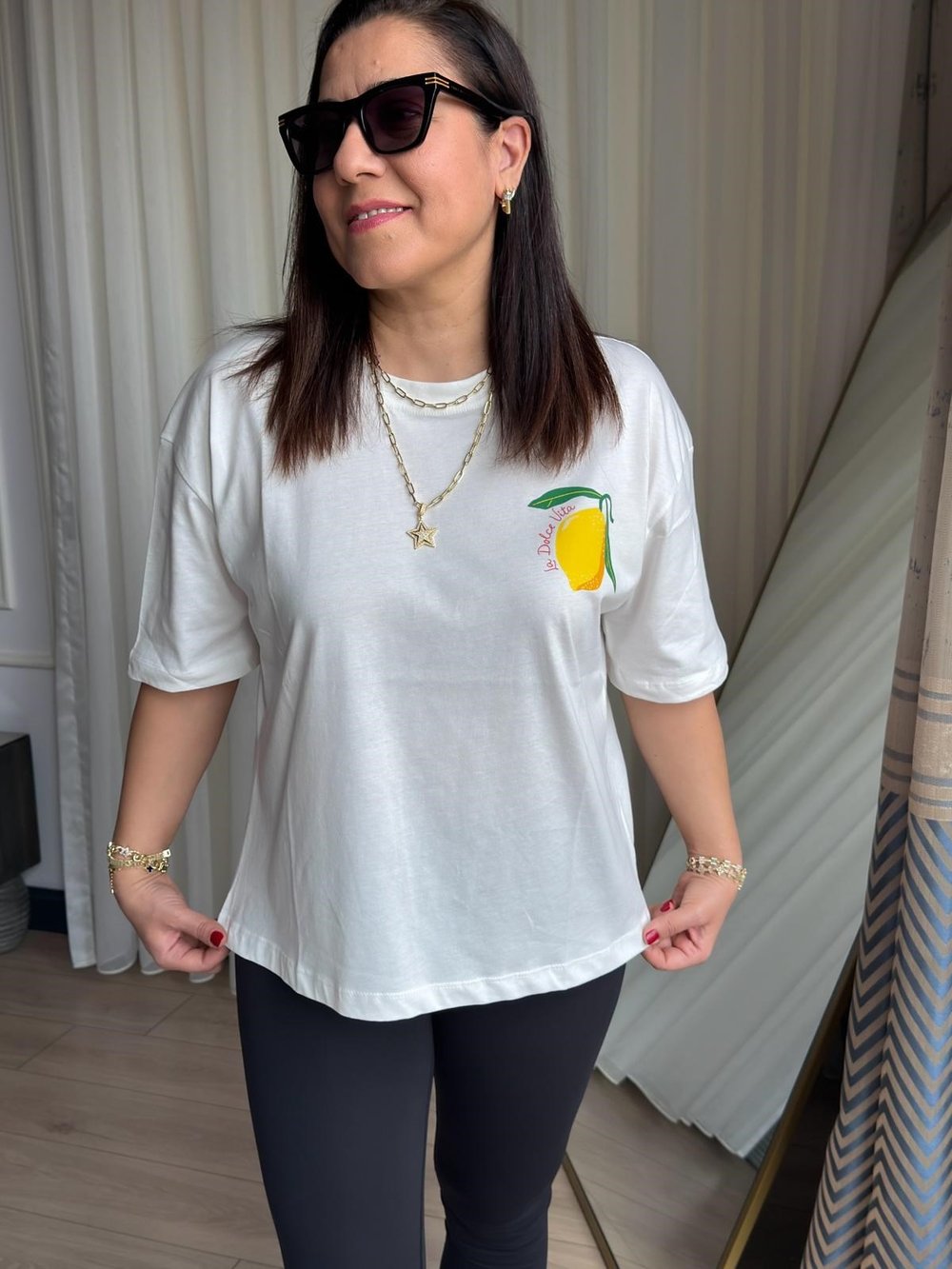 Bisiklet Yaka Pamuklu Limon Baskılı T-Shirt