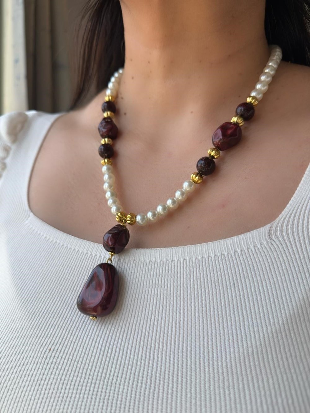 Özel Seri Bordo Taşlı İnci Kolye