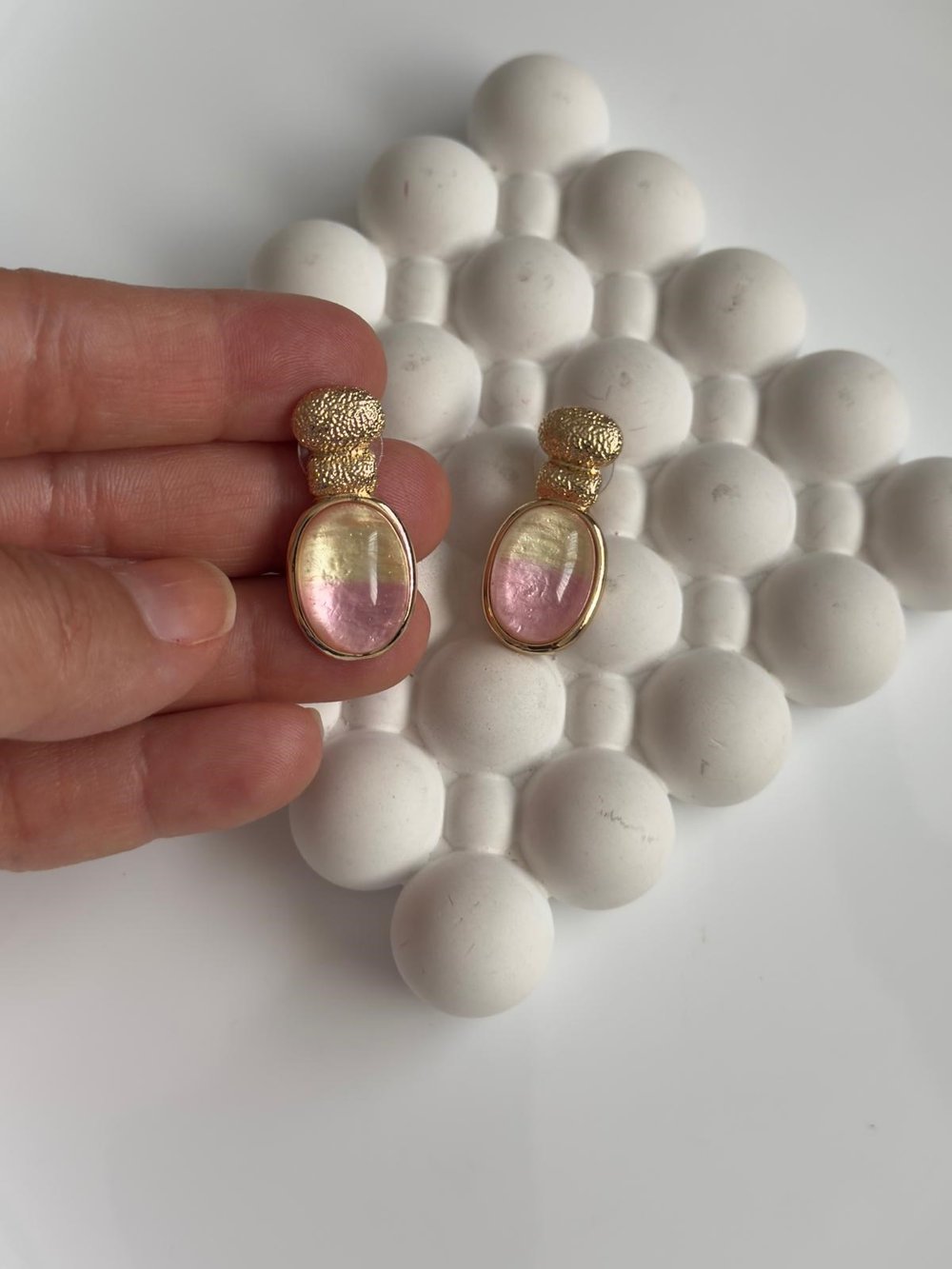 Özel Seri İki Renkli  Minimal Pembe Sarı Küpe
