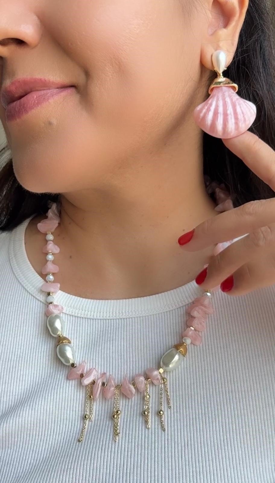 Pembe İncili Boncuk Kolye ve  Küpe Kombini