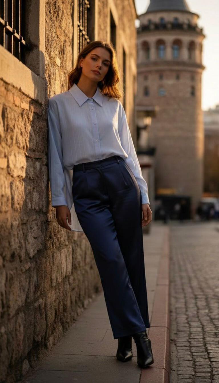 Bebe Mavisi Kendinden Çizgili Oversize Transparan Gömlek