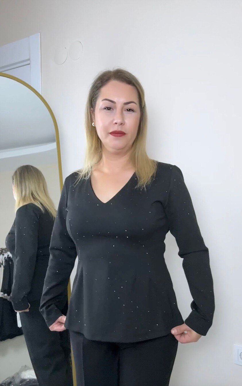 Büyük Beden Işıltılı V Yaka Peplum Bluz
