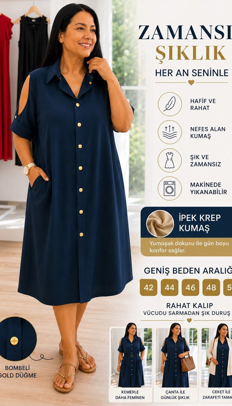 Lacivert Büyük Beden Omuz Dekolteli Gold Düğmeli Midi İpek Krep Gömlek Elbise