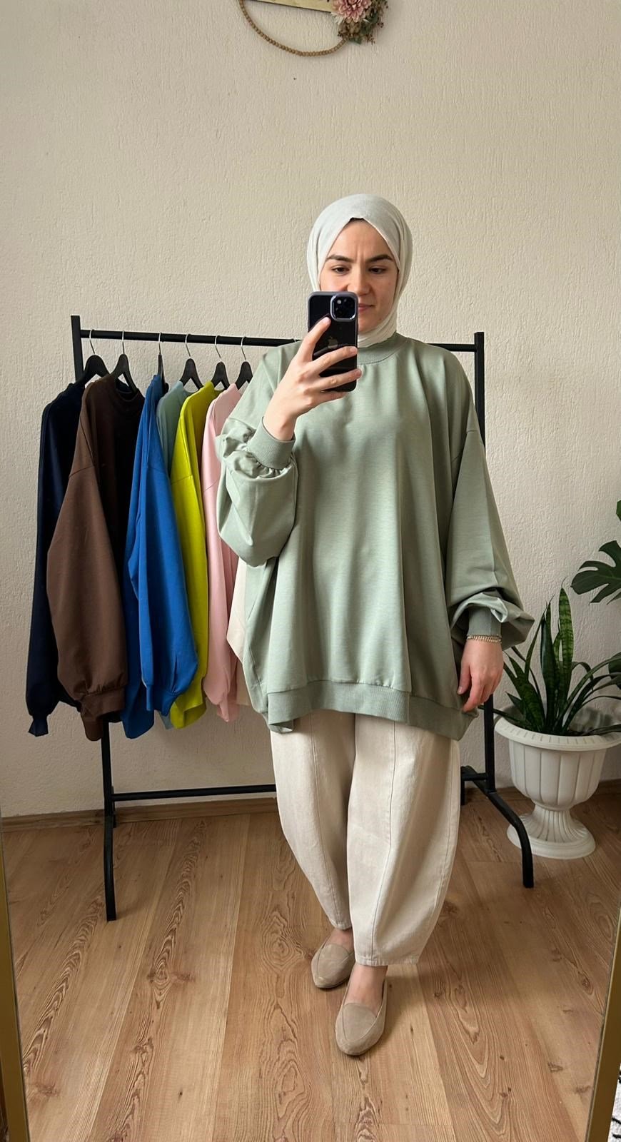 2 İplik İnce Oversize Sweat ADAÇAYI YEŞİL
