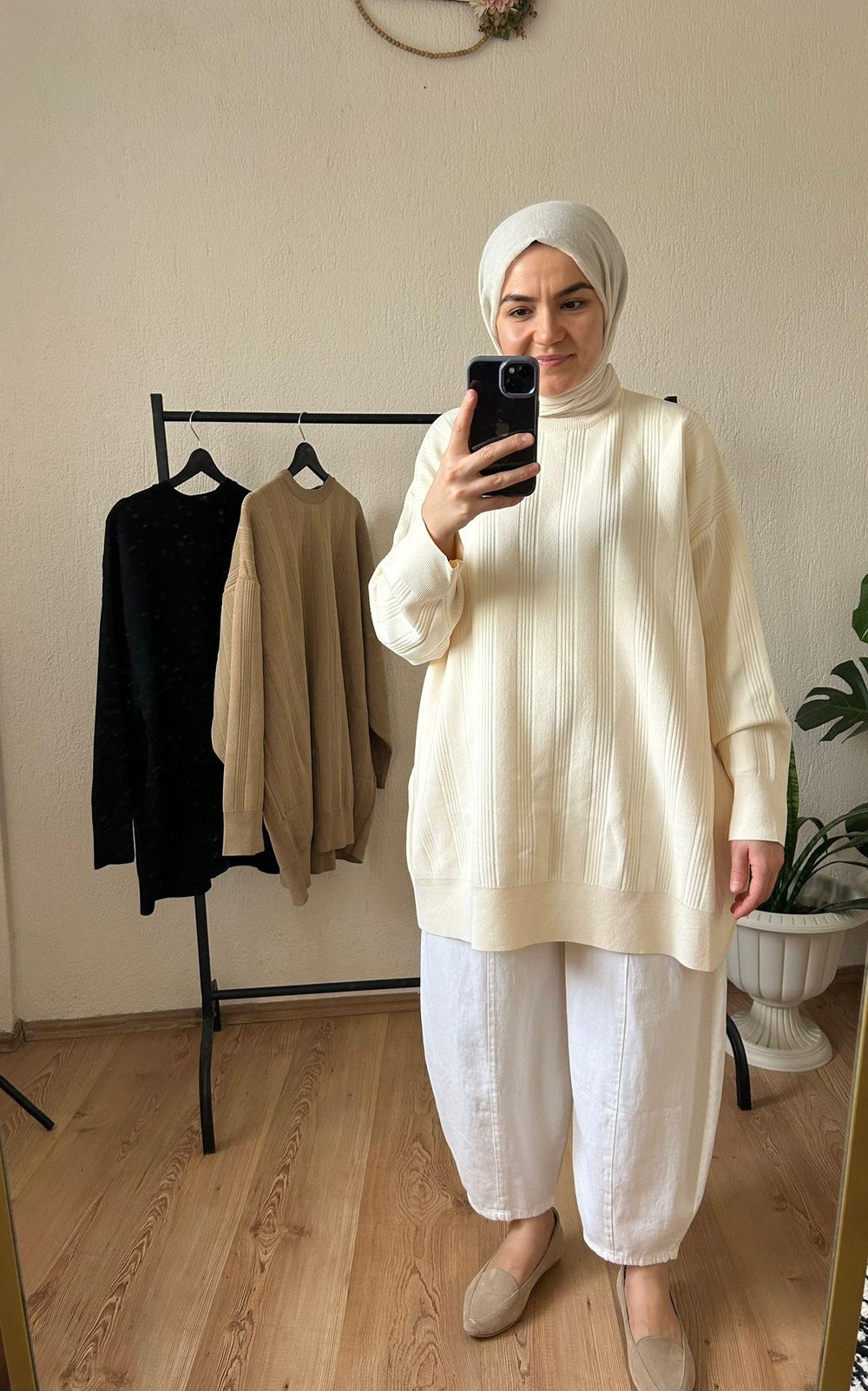 Çizgili triko kazak KREM