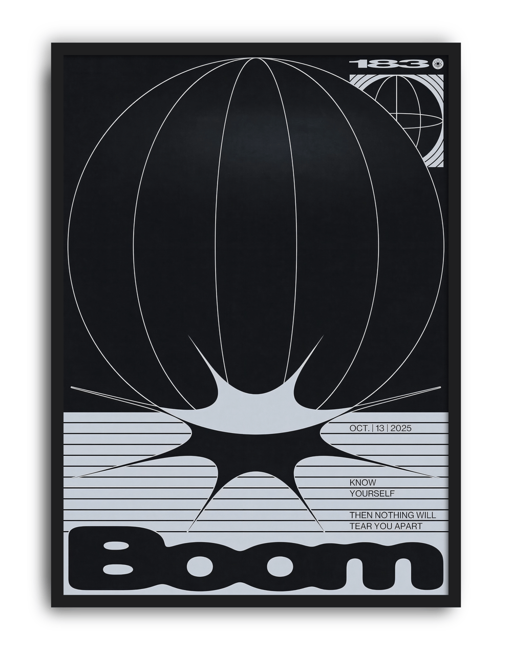 Boom Orbit Modern Duvar Tablosu – Siyah Beyaz Optik Tipografik Poster
