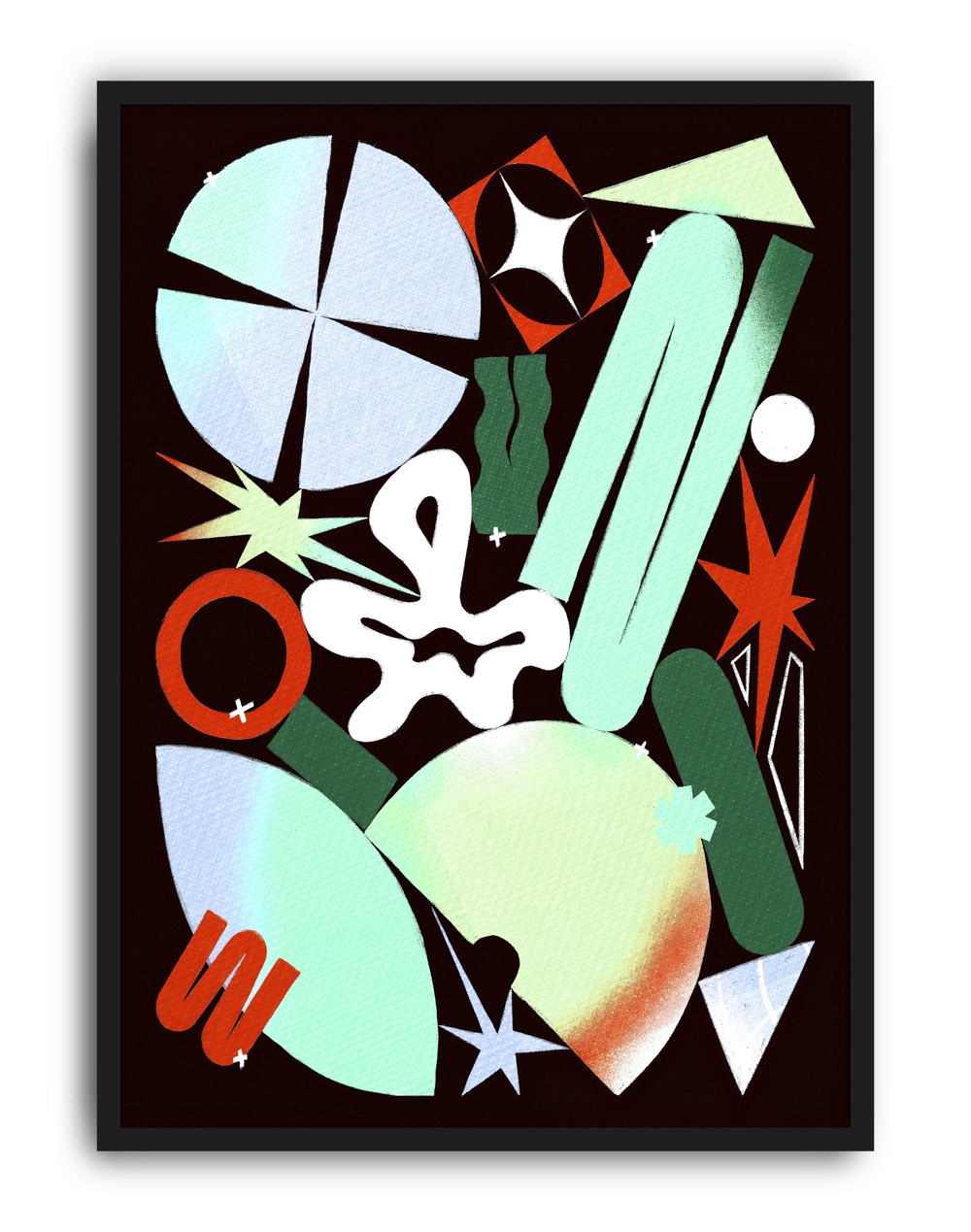 Cosmic Shapes Modern Duvar Tablosu – Siyah Zeminli Renkli Geometrik Poster