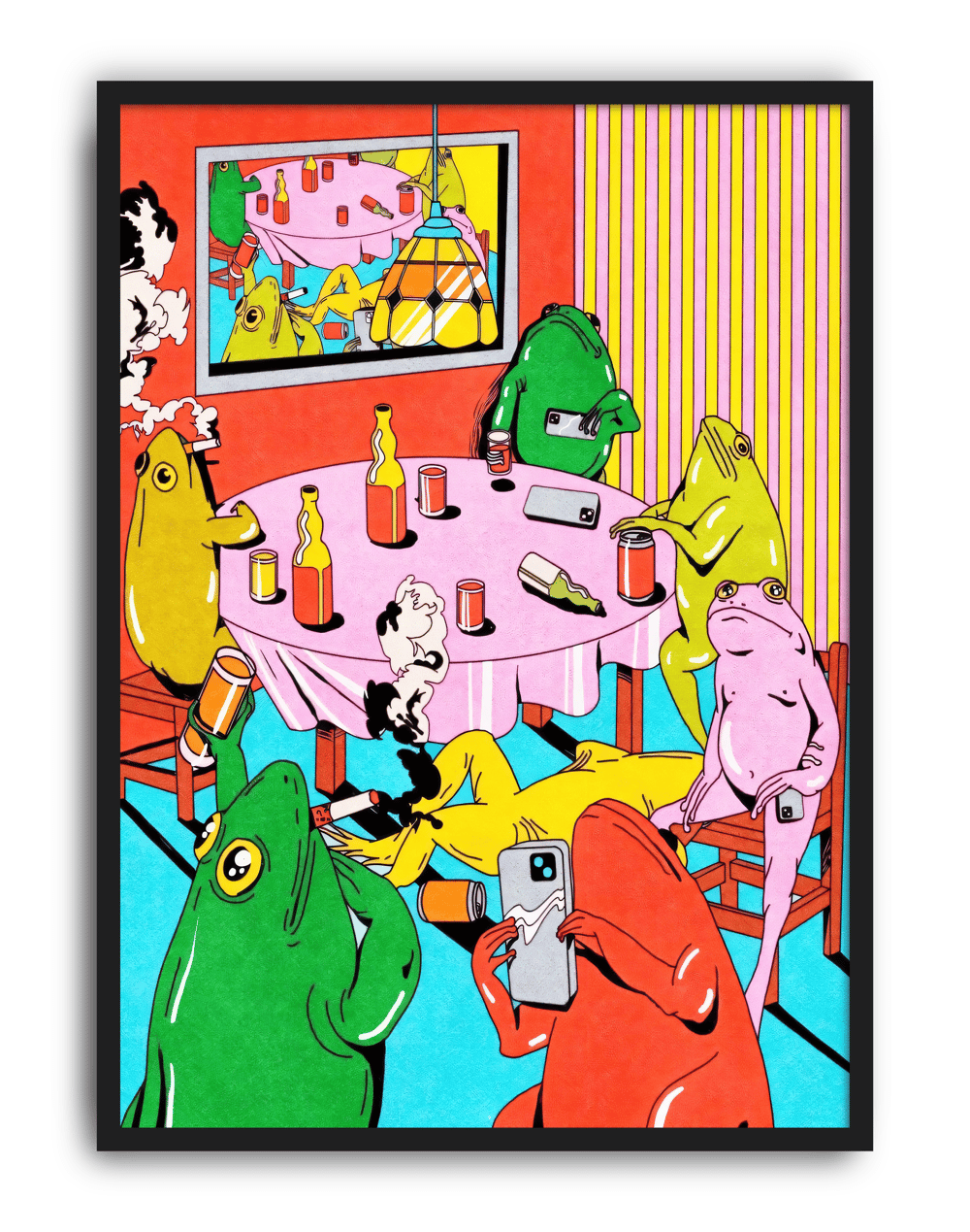 Frog Party Modern Duvar Tablosu – Renkli Sürreal Kurbağa Poster