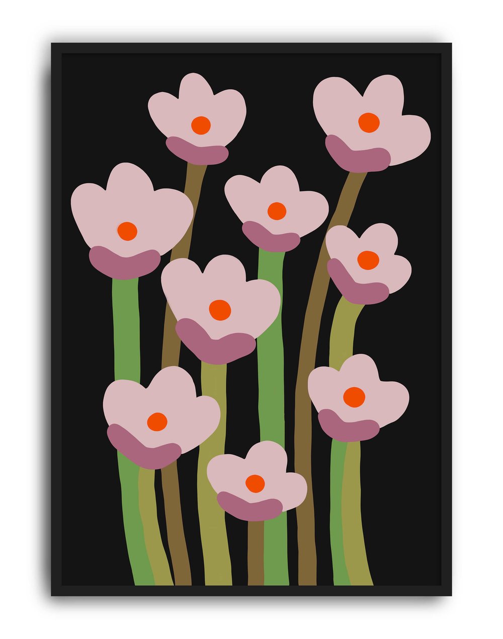Midnight Bloom Pembe Siyah Retro Çiçek Duvar Tablosu