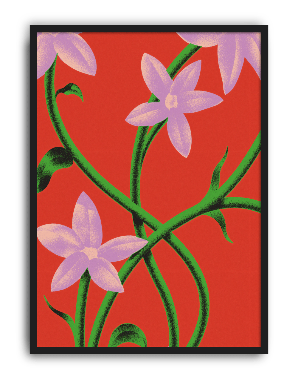 Purple Bloom Modern Duvar Tablosu – Kırmızı Zeminli Botanik Çiçek Poster